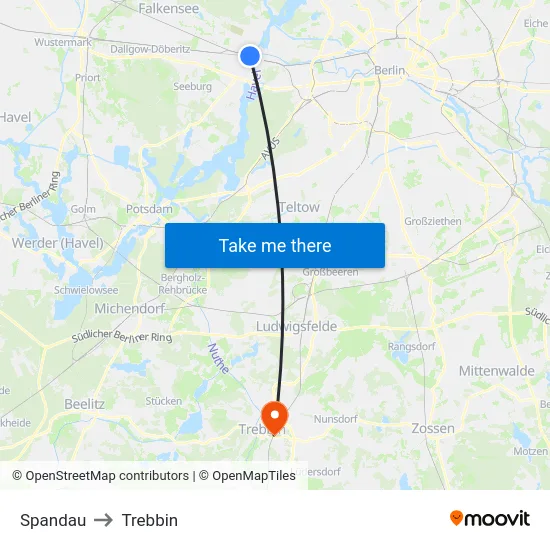 Spandau to Trebbin map