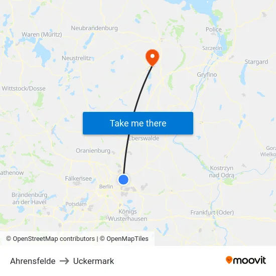 Ahrensfelde to Uckermark map