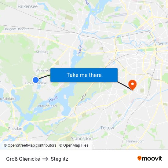 Groß Glienicke to Steglitz map