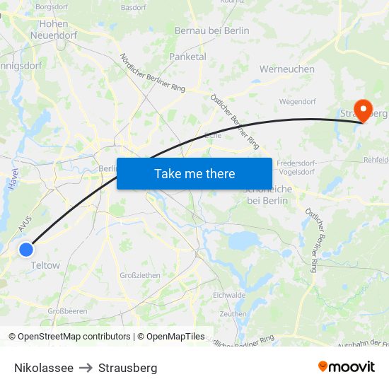 Nikolassee to Strausberg map