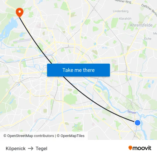 Köpenick to Tegel map
