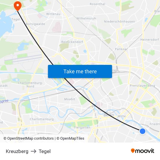 Kreuzberg to Tegel map