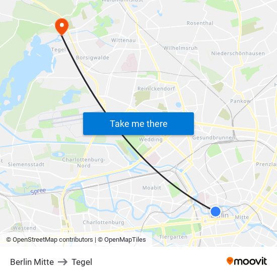 Berlin Mitte to Tegel map