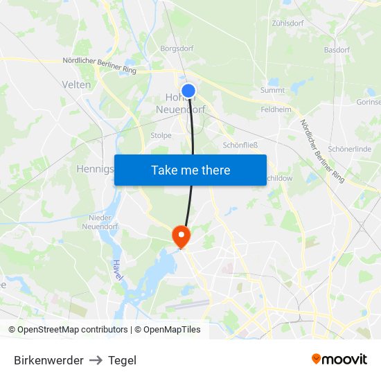 Birkenwerder to Tegel map