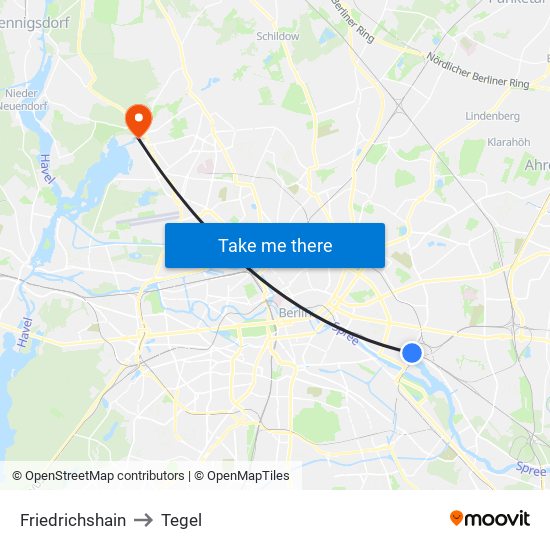 Friedrichshain to Tegel map