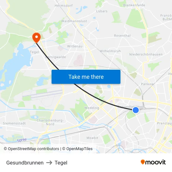Gesundbrunnen to Tegel map