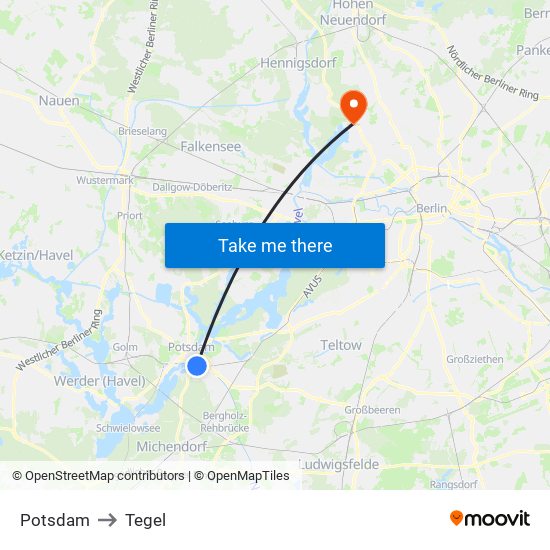 Potsdam to Tegel map