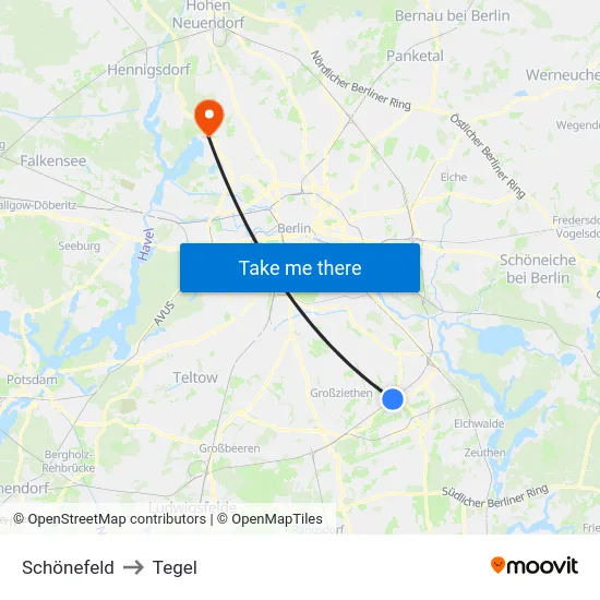 Schönefeld to Tegel map