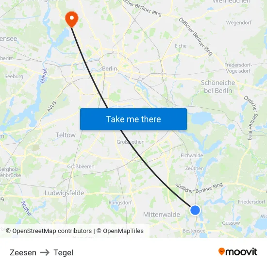 Zeesen to Tegel map