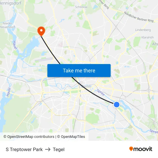 S Treptower Park to Tegel map