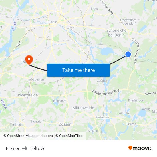 Erkner to Teltow map