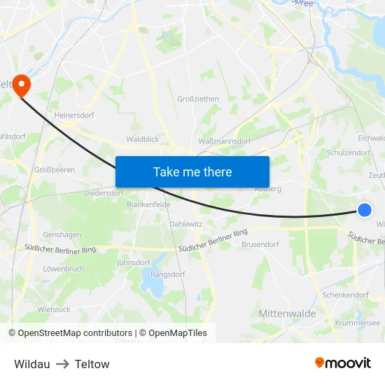 Wildau to Teltow map