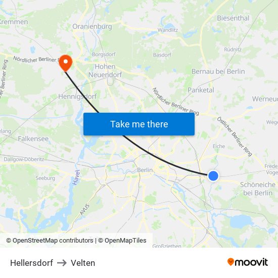 Hellersdorf to Velten map
