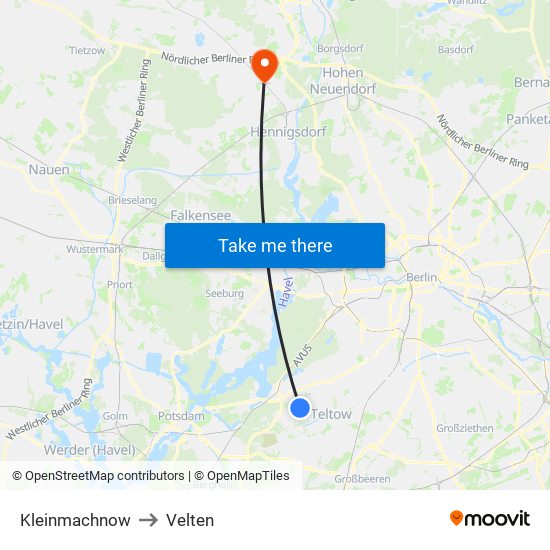 Kleinmachnow to Velten map