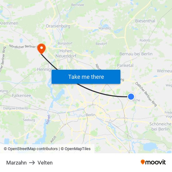 Marzahn to Velten map