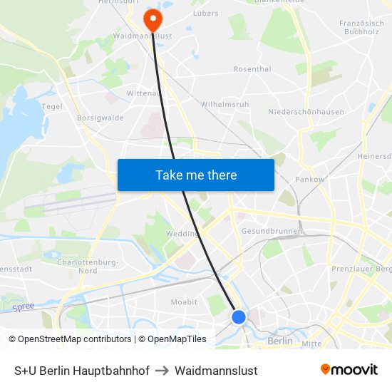 S+U Berlin Hauptbahnhof to Waidmannslust map