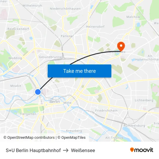 S+U Berlin Hauptbahnhof to Weißensee map