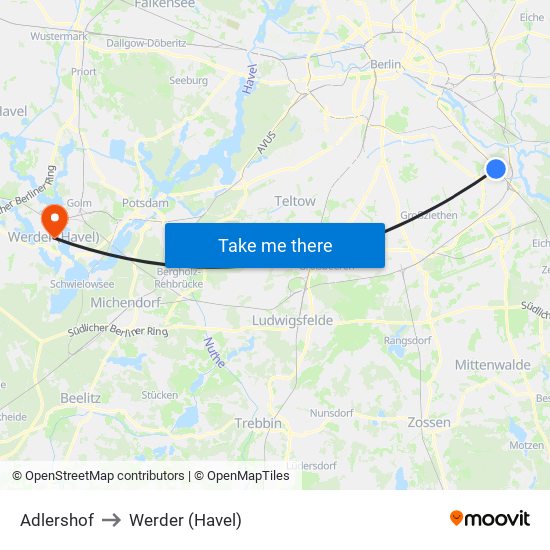 Adlershof to Werder (Havel) map