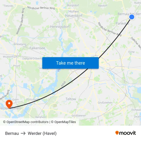 Bernau to Werder (Havel) map