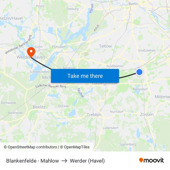 Blankenfelde - Mahlow to Werder (Havel) map