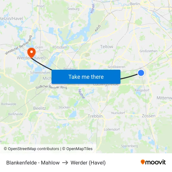 Blankenfelde - Mahlow to Werder (Havel) map