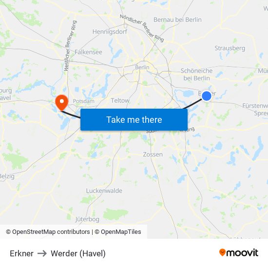 Erkner to Werder (Havel) map