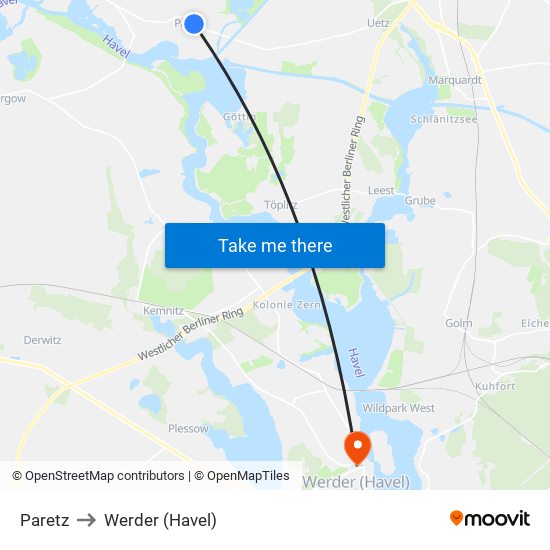 Paretz to Werder (Havel) map