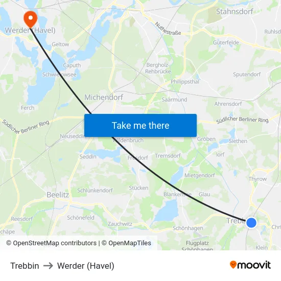 Trebbin to Werder (Havel) map