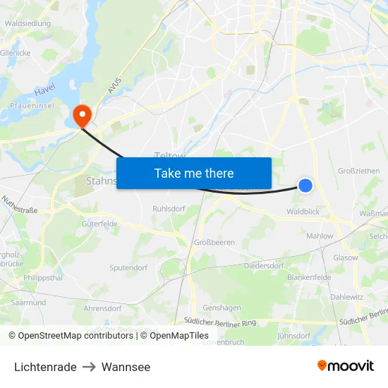 Lichtenrade to Wannsee map