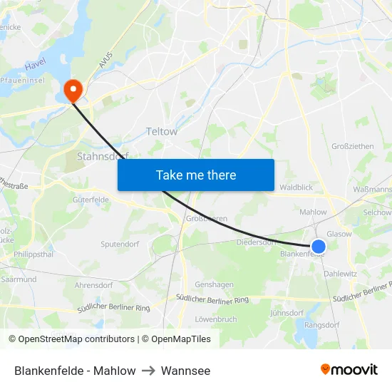 Blankenfelde - Mahlow to Wannsee map