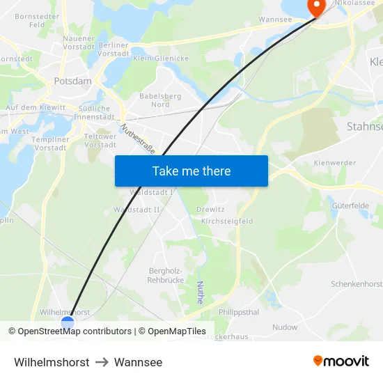 Wilhelmshorst to Wannsee map