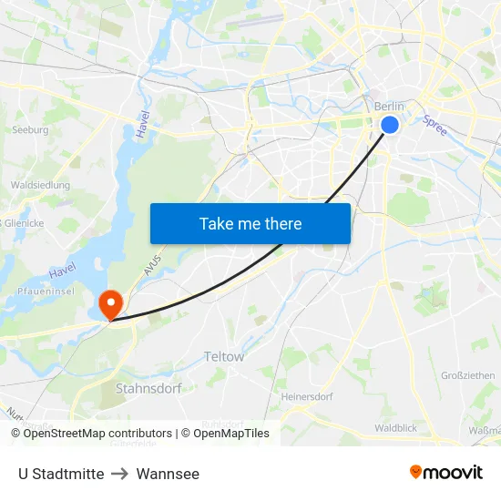 U Stadtmitte to Wannsee map