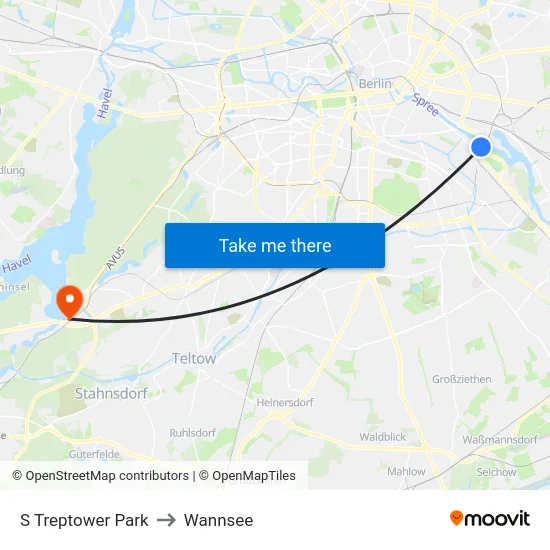 S Treptower Park to Wannsee map