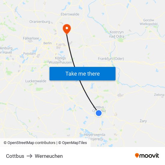 Cottbus to Werneuchen map