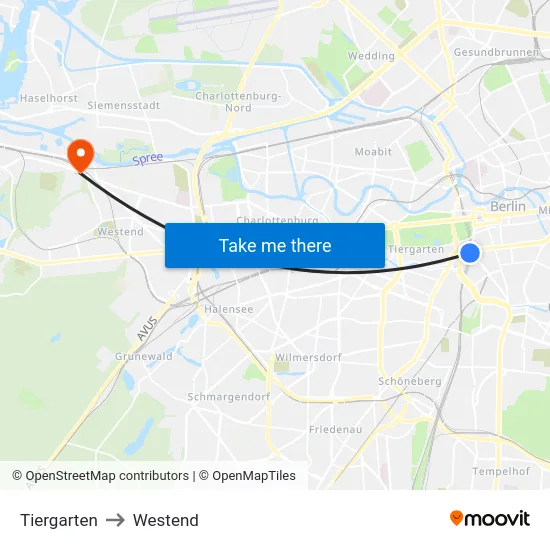 Tiergarten to Westend map