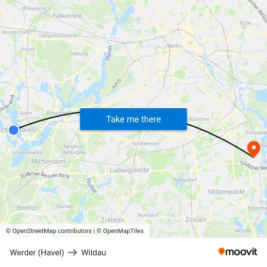 Werder (Havel) to Wildau map