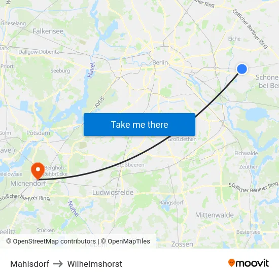 Mahlsdorf to Wilhelmshorst map