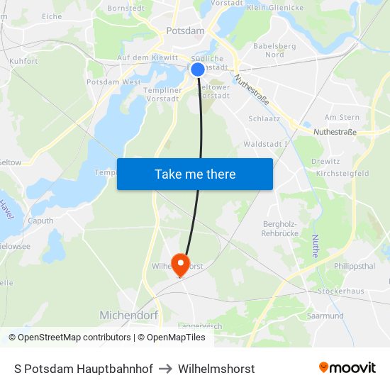 S Potsdam Hauptbahnhof to Wilhelmshorst map