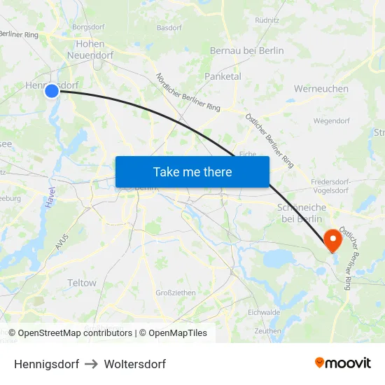 Hennigsdorf to Woltersdorf map