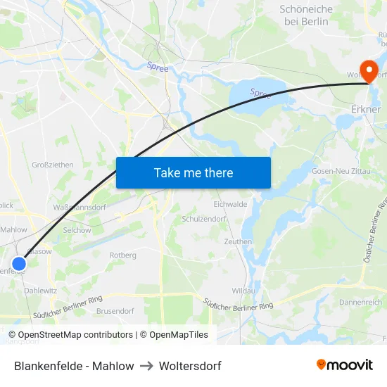 Blankenfelde - Mahlow to Woltersdorf map