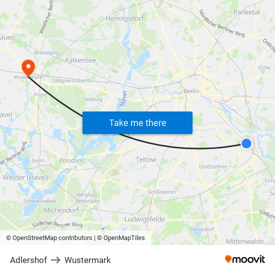 Adlershof to Wustermark map