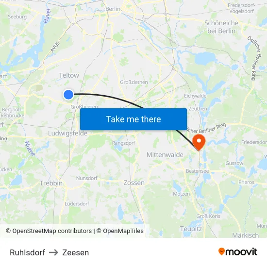 Ruhlsdorf to Zeesen map