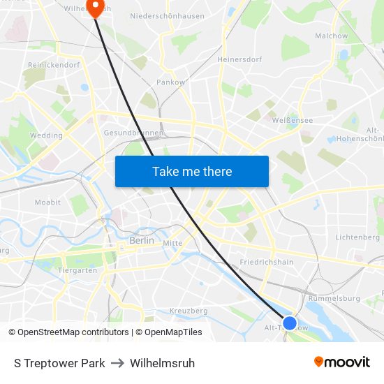 S Treptower Park to Wilhelmsruh map