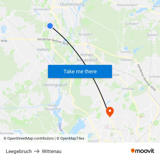 Leegebruch to Wittenau map