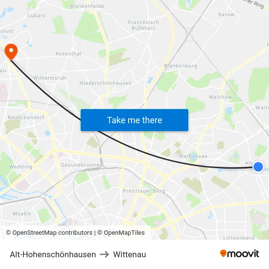 Alt-Hohenschönhausen to Wittenau map
