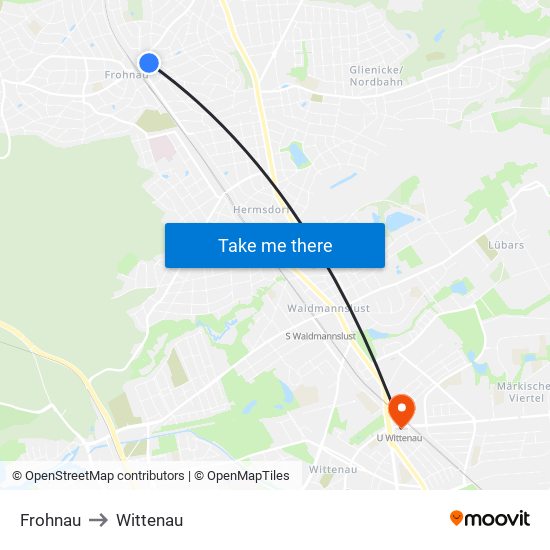 Frohnau to Wittenau map