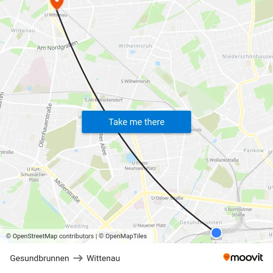 Gesundbrunnen to Wittenau map