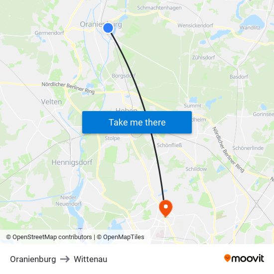 Oranienburg to Wittenau map