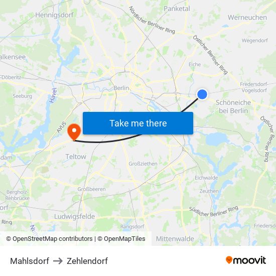 Mahlsdorf to Zehlendorf map