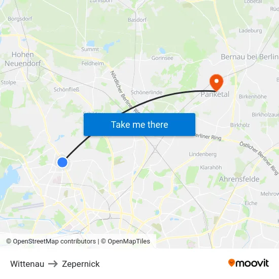 Wittenau to Zepernick map
